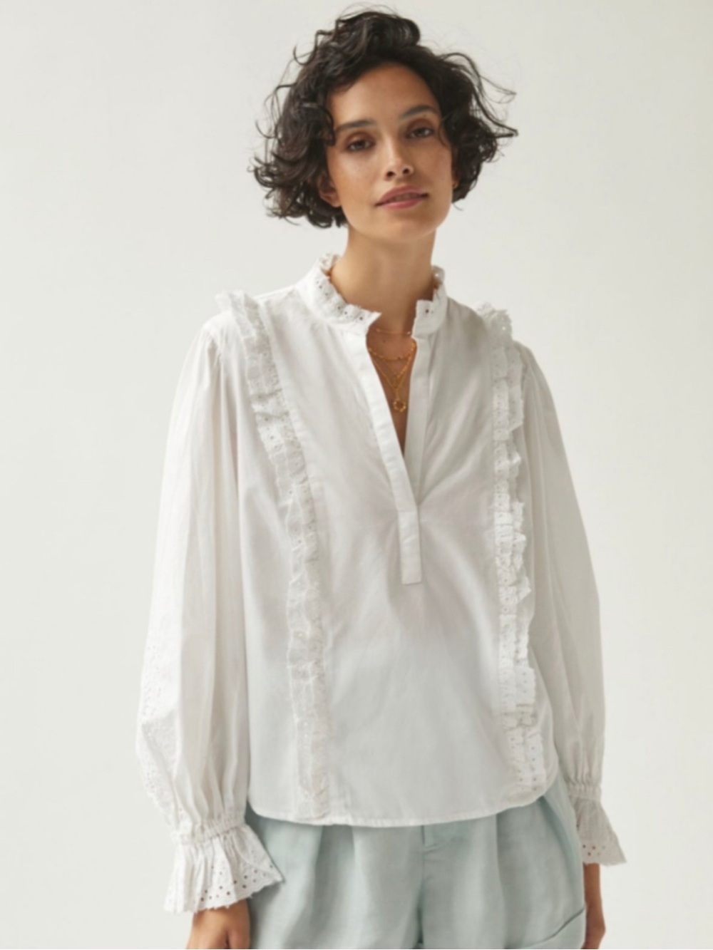 Anthropologie White Lace-Trimmed Cotton Chemise Blouse